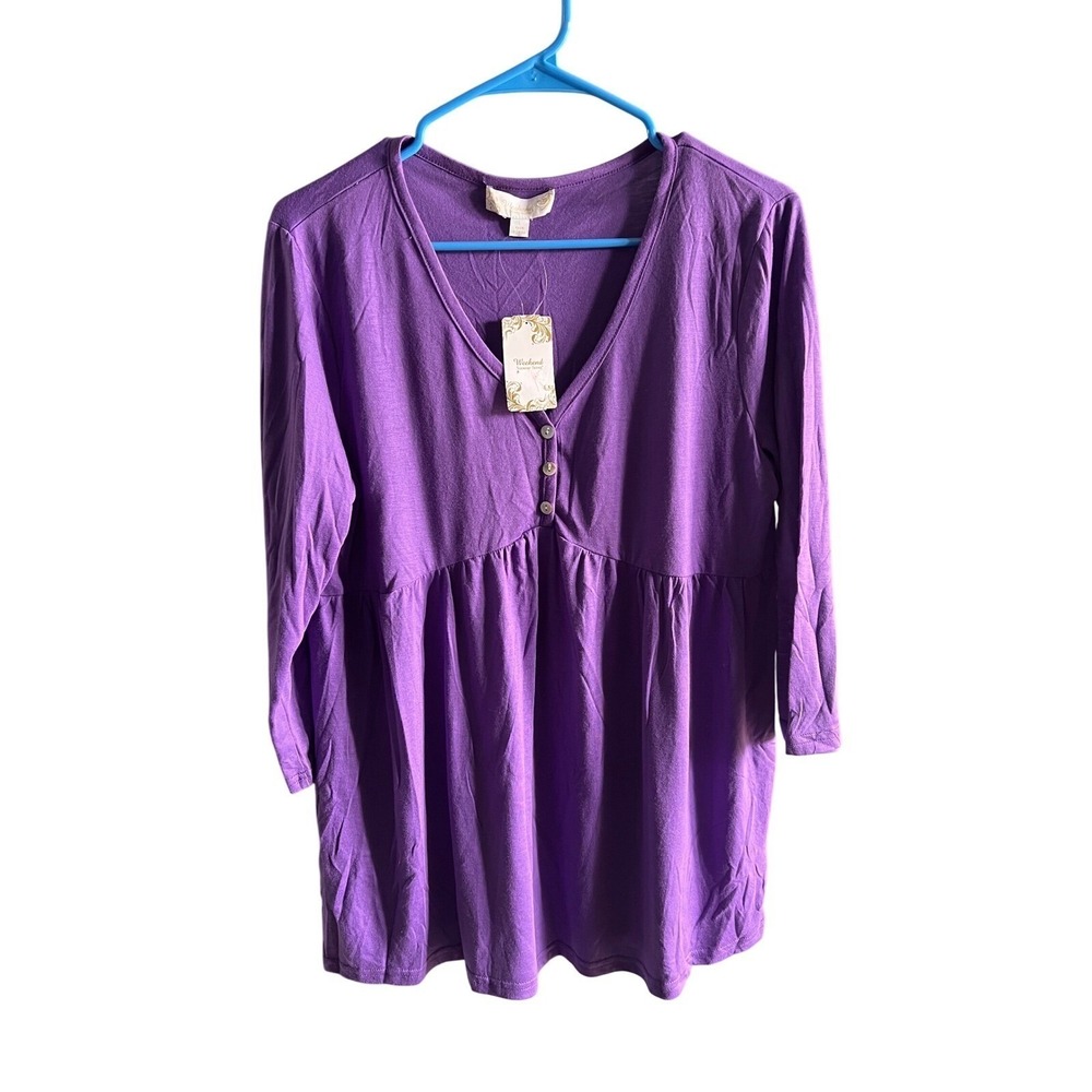 NEW Weekend Suzanne Betro Purple Babydoll Tunic V-Neck Henley 3/4 Sleeve  L